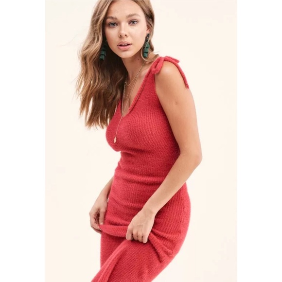 CLEARANCE Red Knit Midi Tie Shoulder Holiday Dress - Picture 2 of 5